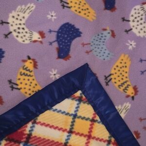 Handmade 2 Sided Oversized Blanket Throw 60x72in Satin Trim Plaid Chickens EUC